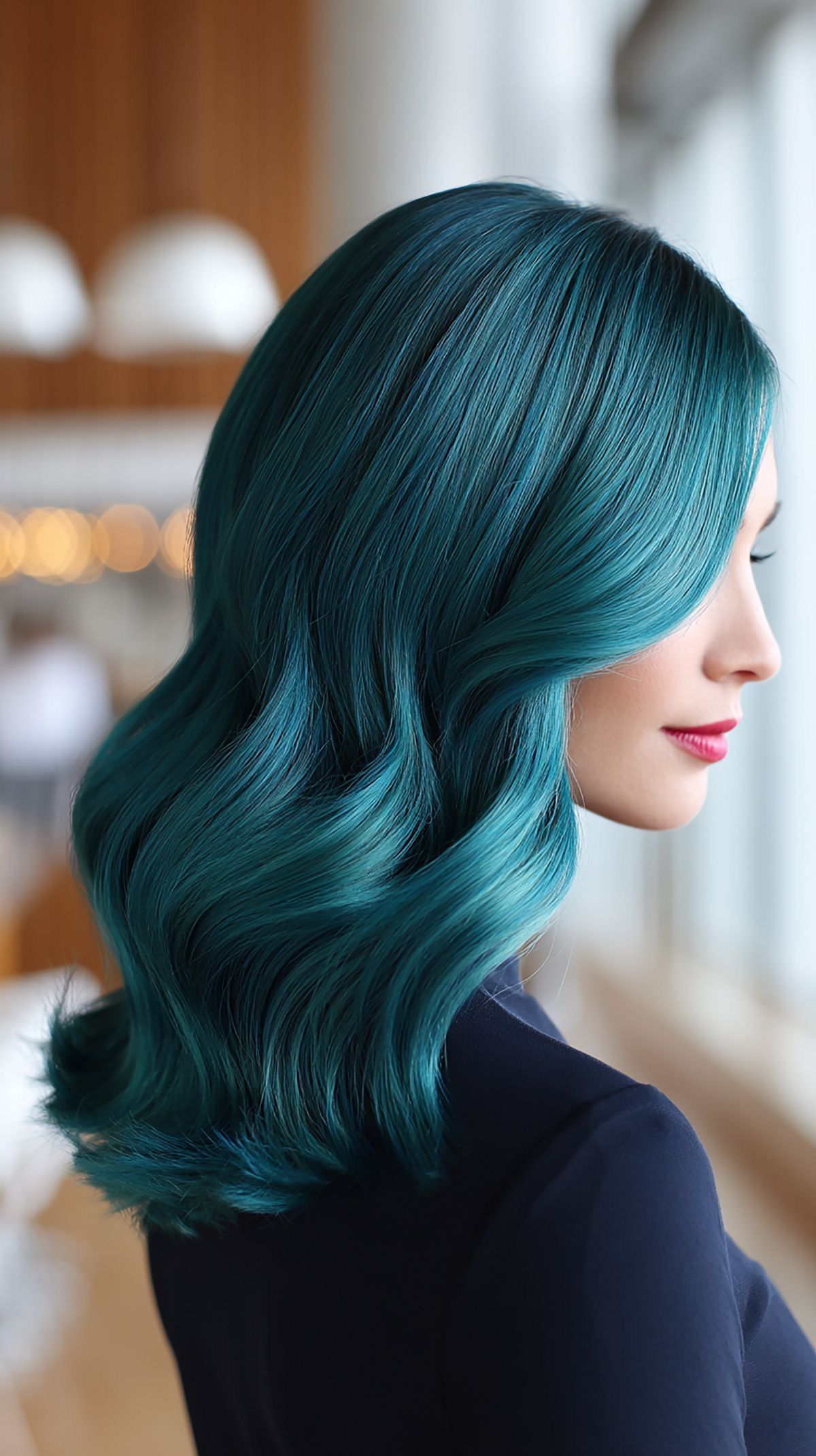 Glossy transformative teal hair color with high shine